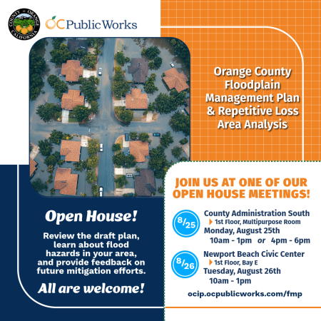 Floodplain Management Plan Open House Schedule - 8/25/2025 at CAS and 8/26/2025 at Newport Beach Civic Center